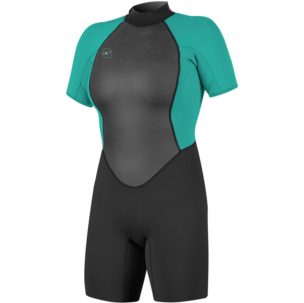 2025 O'Neill Frauen Reactor II 2mm Rückenreißverschluss Shorty Neoprenanzug 5043 - Black / Aqua
